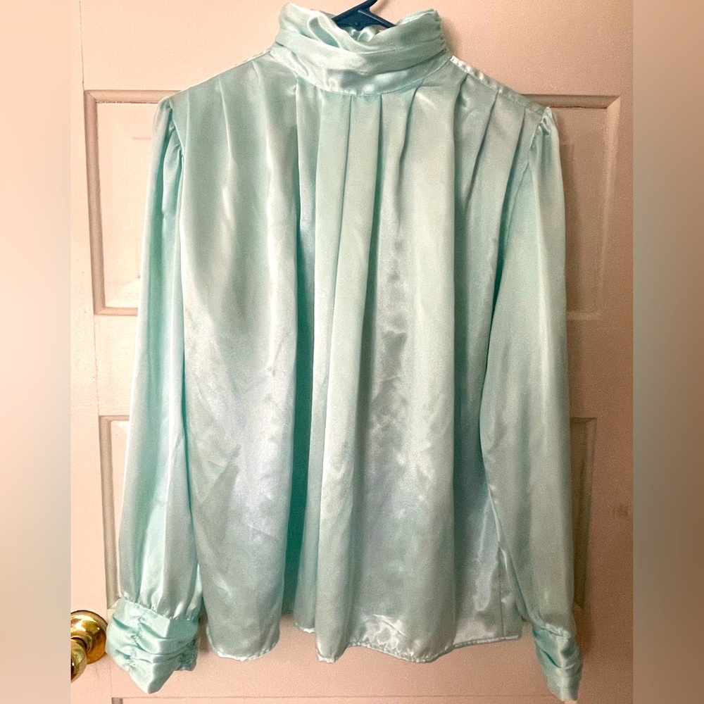 Vintage High Neck Mint Polyester Satin Blouse w/ Pearl Cuff & Neck